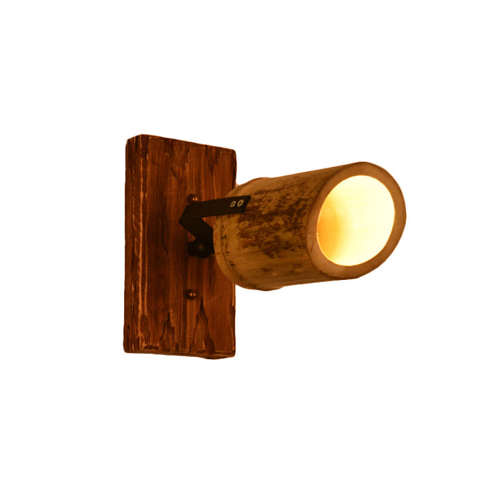 Lisslune | Vintage Cylinder Wall Lamp Sconces 2/3-Light Bamboo Wall Lamp in Brown with Linear Wooden Backplate