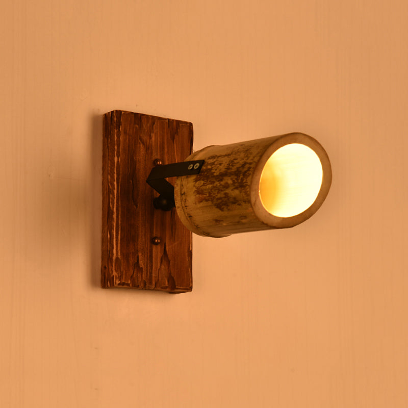 Lisslune | Vintage Cylinder Wall Lamp Sconces 2/3-Light Bamboo Wall Lamp in Brown with Linear Wooden Backplate