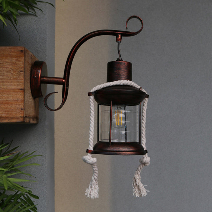 Lisslune | 1-Bulb Metal Wall Mounted Light Industrial Brass/Copper Curved Arm Wall Lamp with Lantern Clear Glass Shade