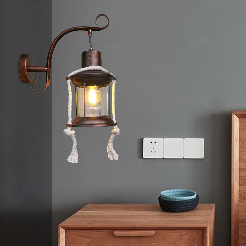 Lisslune | 1-Bulb Metal Wall Mounted Light Industrial Brass/Copper Curved Arm Wall Lamp with Lantern Clear Glass Shade