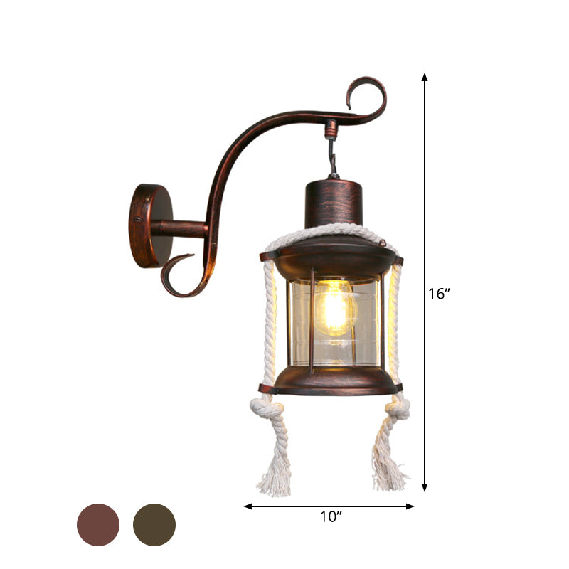 Lisslune | 1-Bulb Metal Wall Mounted Light Industrial Brass/Copper Curved Arm Wall Lamp with Lantern Clear Glass Shade