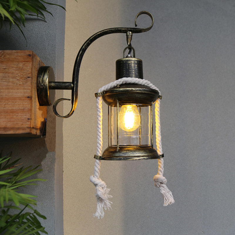 Lisslune | 1-Bulb Metal Wall Mounted Light Industrial Brass/Copper Curved Arm Wall Lamp with Lantern Clear Glass Shade