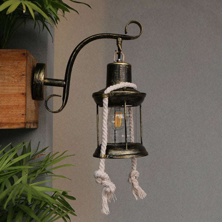 Lisslune | 1-Bulb Metal Wall Mounted Light Industrial Brass/Copper Curved Arm Wall Lamp with Lantern Clear Glass Shade