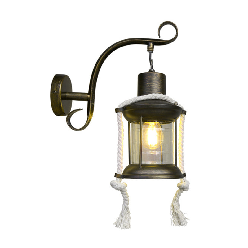 Lisslune | 1-Bulb Metal Wall Mounted Light Industrial Brass/Copper Curved Arm Wall Lamp with Lantern Clear Glass Shade