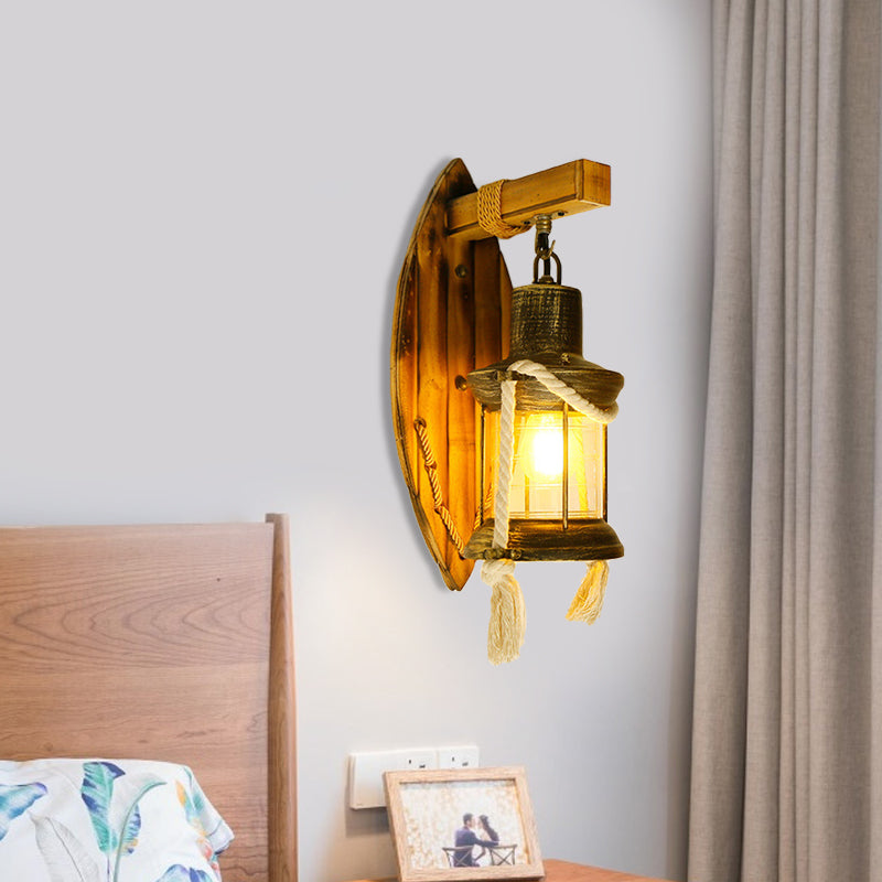 Skørter | Brass Kerosene Wall Lamp Vintage Clear Glass 1-Light Ambient Lamp for Bedroom with Oval Bamboo Wall Plate