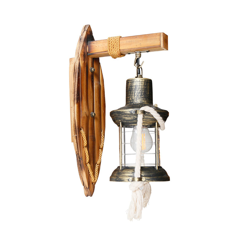 Skørter | Brass Kerosene Wall Lamp Vintage Clear Glass 1-Light Ambient Lamp for Bedroom with Oval Bamboo Wall Plate