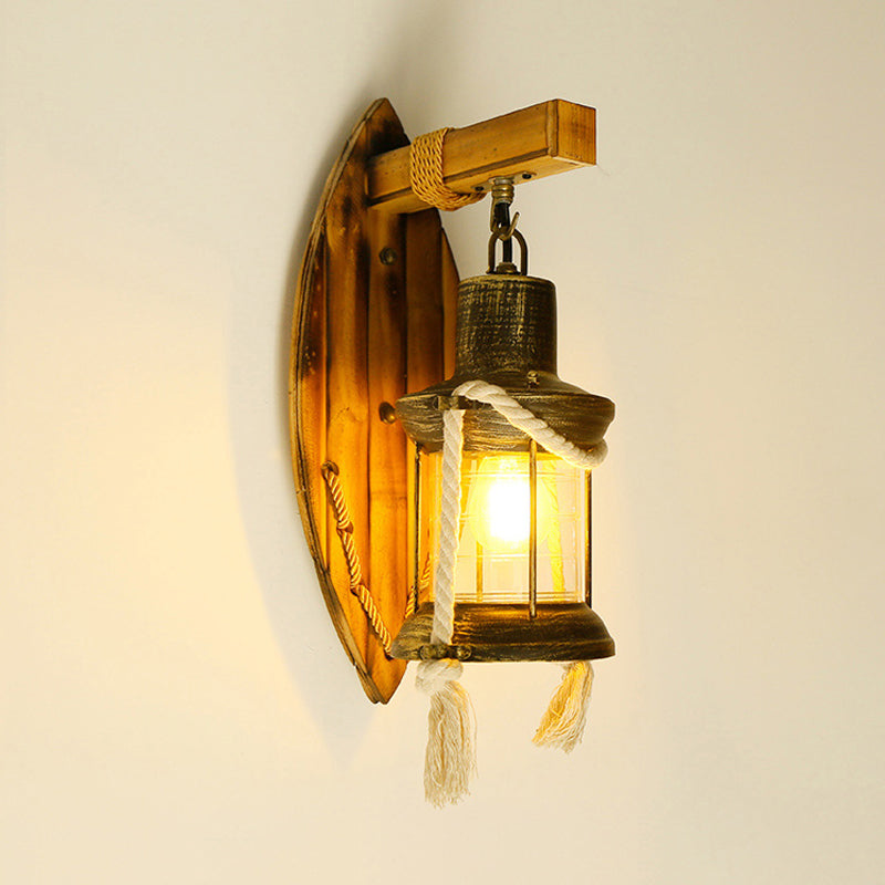 Skørter | Brass Kerosene Wall Lamp Vintage Clear Glass 1-Light Ambient Lamp for Bedroom with Oval Bamboo Wall Plate