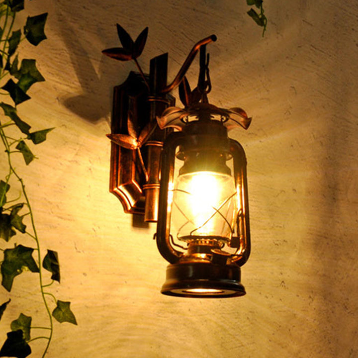 Lisslune | Industrial Lantern Wall Lamp 1 Head Clear Glass Wall Plate Lighting Fixture in Bronze/Copper with Metal Bamboo Back Plate