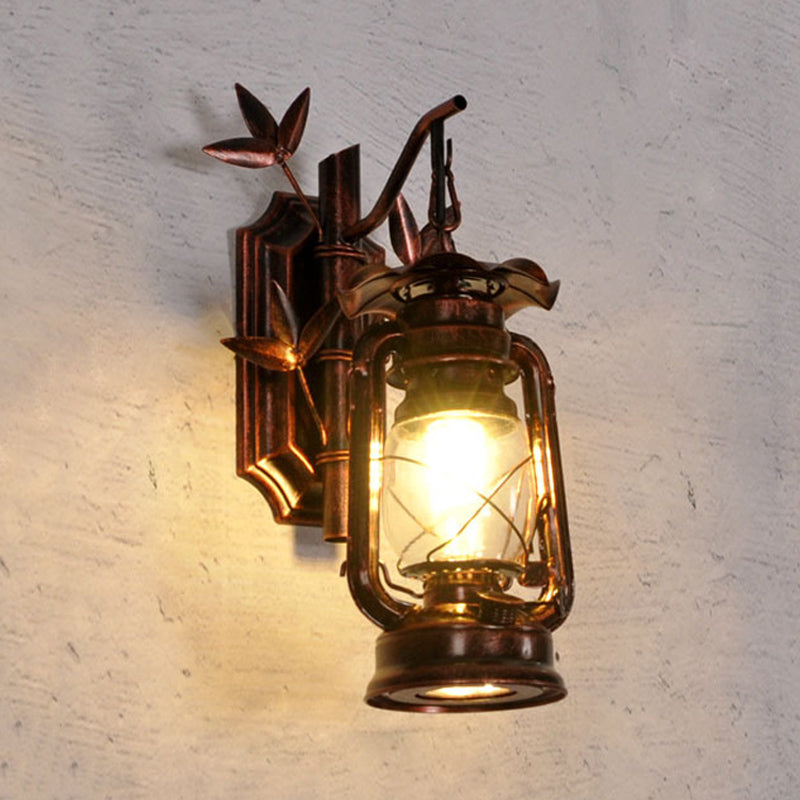 Lisslune | Industrial Lantern Wall Lamp 1 Head Clear Glass Wall Plate Lighting Fixture in Bronze/Copper with Metal Bamboo Back Plate