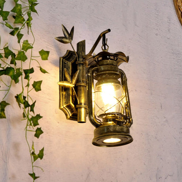 Lisslune | Industrial Lantern Wall Lamp 1 Head Clear Glass Wall Plate Lighting Fixture in Bronze/Copper with Metal Bamboo Back Plate