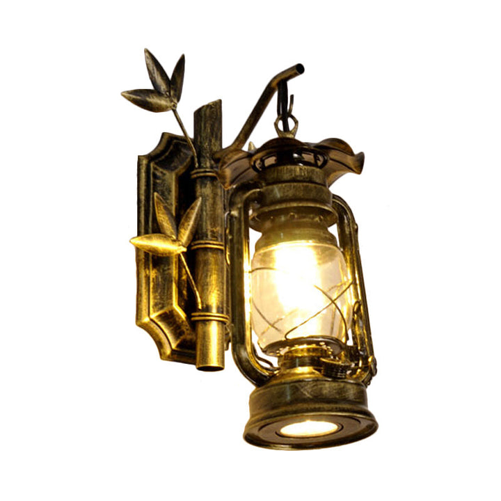 Lisslune | Industrial Lantern Wall Lamp 1 Head Clear Glass Wall Plate Lighting Fixture in Bronze/Copper with Metal Bamboo Back Plate
