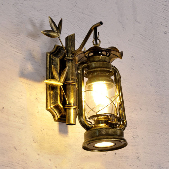 Lisslune | Industrial Lantern Wall Lamp 1 Head Clear Glass Wall Plate Lighting Fixture in Bronze/Copper with Metal Bamboo Back Plate