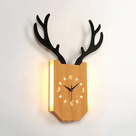 Skørter | Wooden Clock Shape Sconces Lighting with Deer Antlers Hall Foyer Rustic Animal LED Wall Lamp