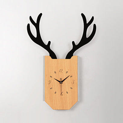 Skørter | Wooden Clock Shape Sconces Lighting with Deer Antlers Hall Foyer Rustic Animal LED Wall Lamp