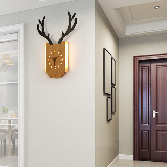 Skørter | Wooden Clock Shape Sconces Lighting with Deer Antlers Hall Foyer Rustic Animal LED Wall Lamp