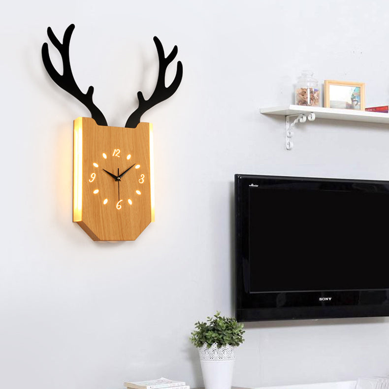 Skørter | Wooden Clock Shape Sconces Lighting with Deer Antlers Hall Foyer Rustic Animal LED Wall Lamp