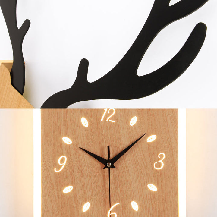 Skørter | Wooden Clock Shape Sconces Lighting with Deer Antlers Hall Foyer Rustic Animal LED Wall Lamp