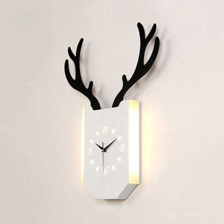 Skørter | Wooden Clock Shape Sconces Lighting with Deer Antlers Hall Foyer Rustic Animal LED Wall Lamp