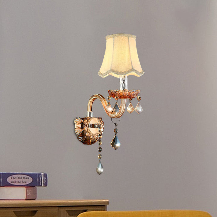 Skørter | Beige 1 Lamp Wall Lamp Traditional Fabric Wave Wall Shelf with Clear Crystal Ledge and Curved Glass Arm
