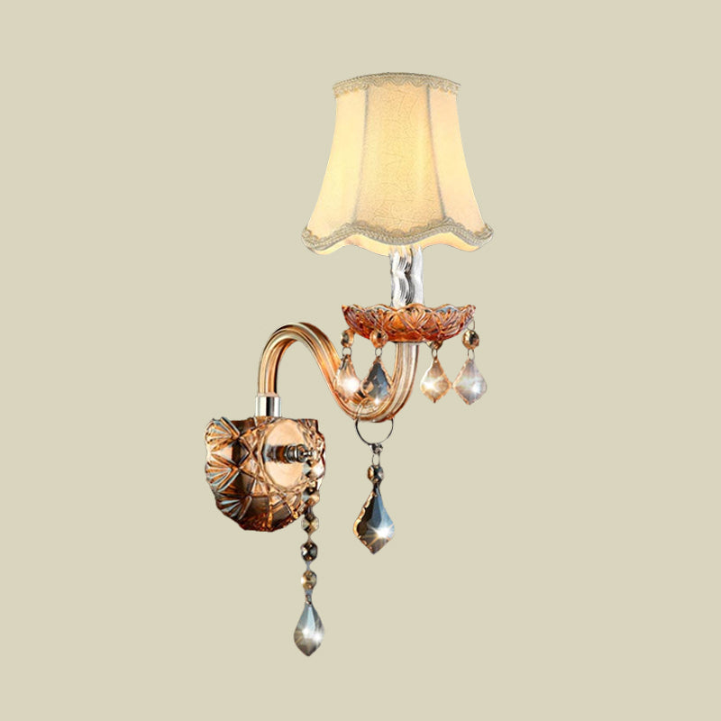 Skørter | Beige 1 Lamp Wall Lamp Traditional Fabric Wave Wall Shelf with Clear Crystal Ledge and Curved Glass Arm