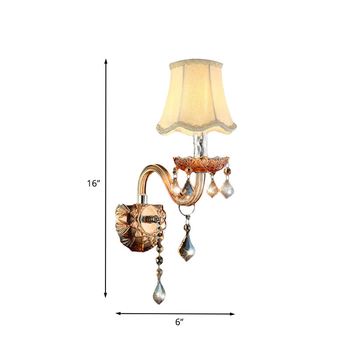 Skørter | Beige 1 Lamp Wall Lamp Traditional Fabric Wave Wall Shelf with Clear Crystal Ledge and Curved Glass Arm