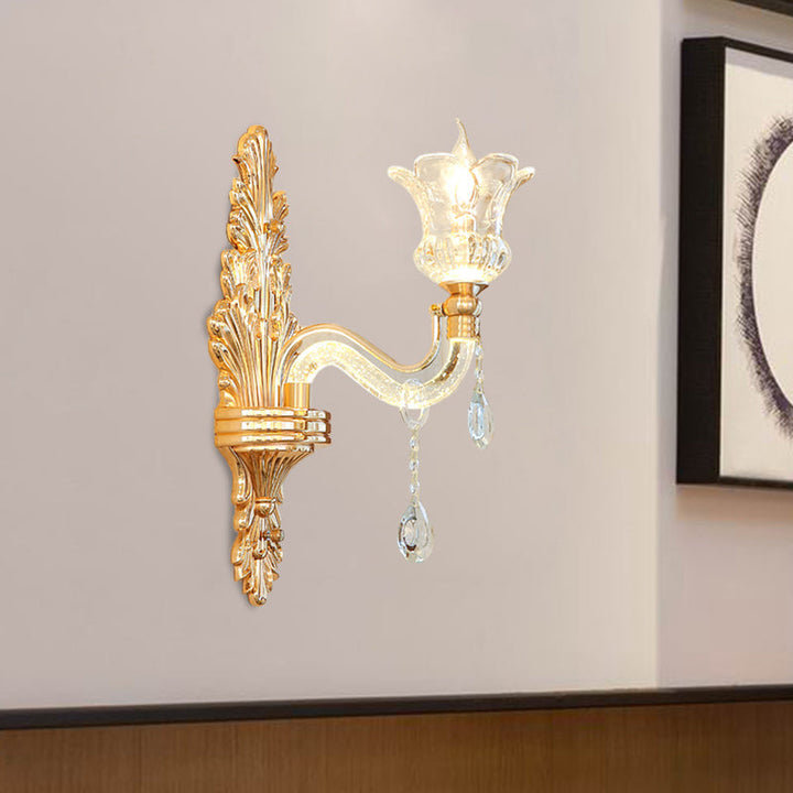 Skørter | Clear Glass Gold Wall Light Flower 1/2-Bulb Traditional Wall-Mounted Lamp with Bubble Crystal Illuminating Arm