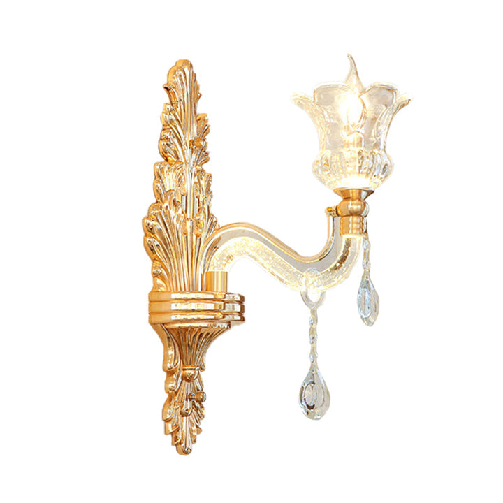 Skørter | Clear Glass Gold Wall Light Flower 1/2-Bulb Traditional Wall-Mounted Lamp with Bubble Crystal Illuminating Arm