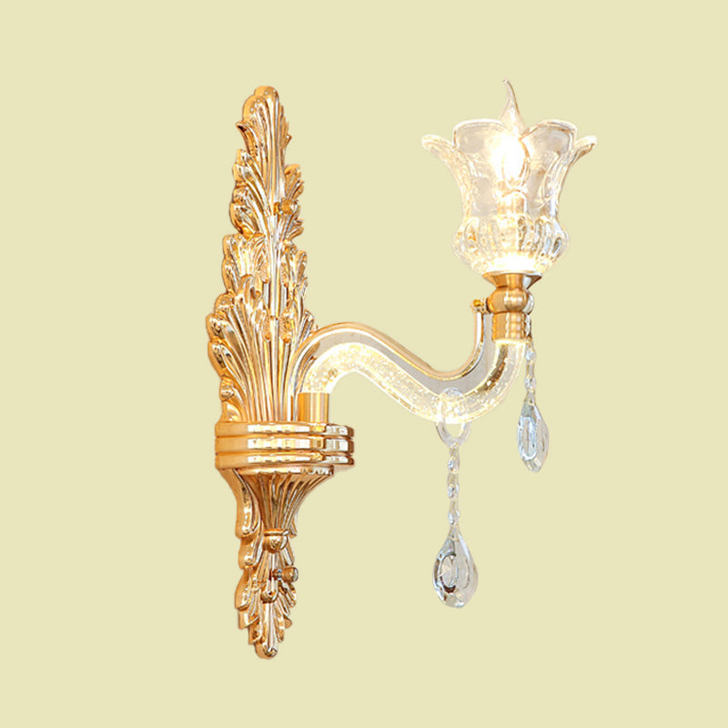 Skørter | Clear Glass Gold Wall Light Flower 1/2-Bulb Traditional Wall-Mounted Lamp with Bubble Crystal Illuminating Arm