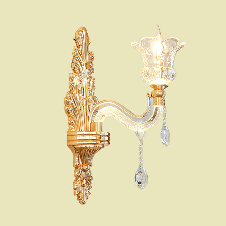 Skørter | Clear Glass Gold Wall Light Flower 1/2-Bulb Traditional Wall-Mounted Lamp with Bubble Crystal Illuminating Arm