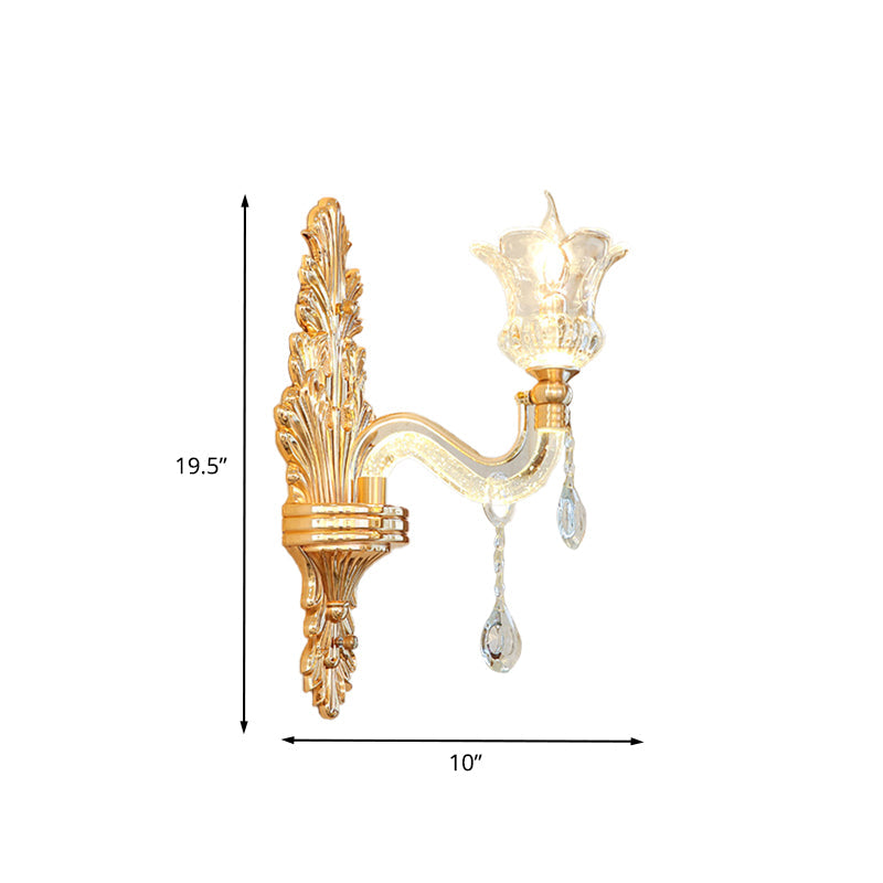 Skørter | Clear Glass Gold Wall Light Flower 1/2-Bulb Traditional Wall-Mounted Lamp with Bubble Crystal Illuminating Arm