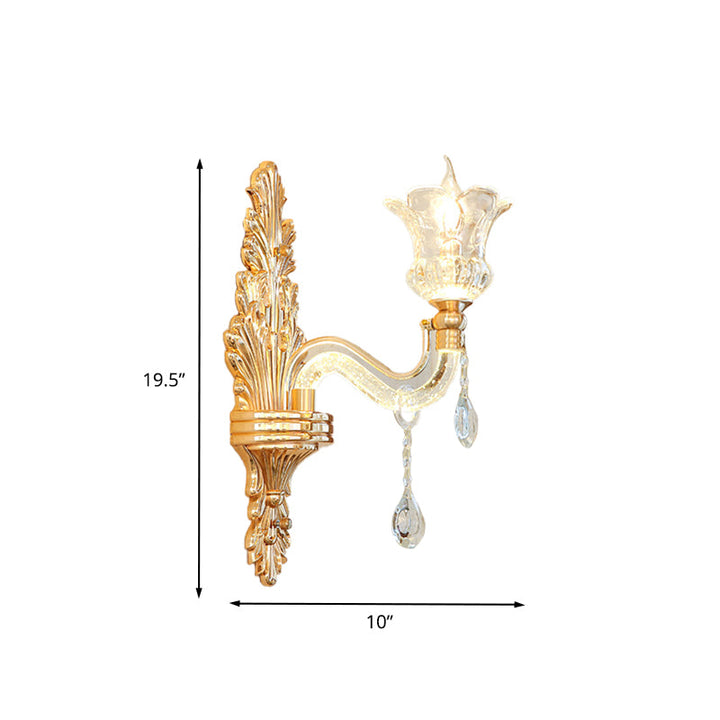 Skørter | Clear Glass Gold Wall Light Flower 1/2-Bulb Traditional Wall-Mounted Lamp with Bubble Crystal Illuminating Arm