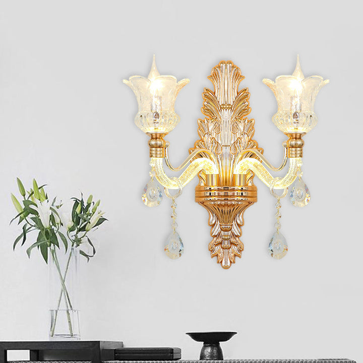 Skørter | Clear Glass Gold Wall Light Flower 1/2-Bulb Traditional Wall-Mounted Lamp with Bubble Crystal Illuminating Arm