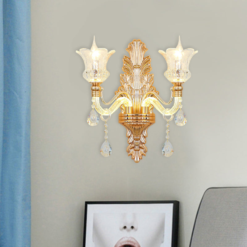 Skørter | Clear Glass Gold Wall Light Flower 1/2-Bulb Traditional Wall-Mounted Lamp with Bubble Crystal Illuminating Arm