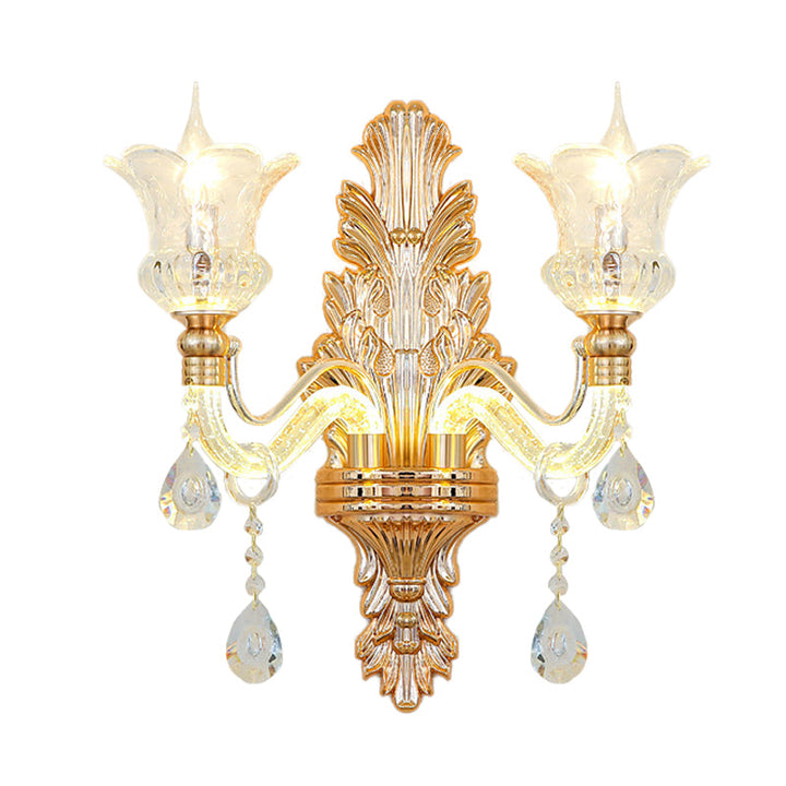 Skørter | Clear Glass Gold Wall Light Flower 1/2-Bulb Traditional Wall-Mounted Lamp with Bubble Crystal Illuminating Arm