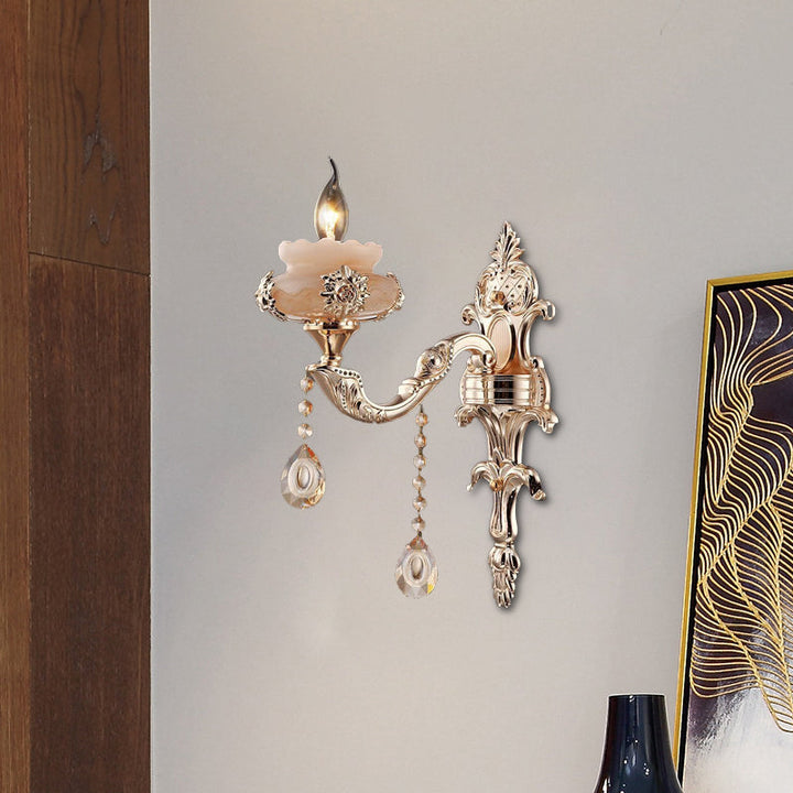 Skørter | 1/2-Head K9 Crystal Wall Light Traditional Gold Candle Corridor Wall Lighting with Jade Dish