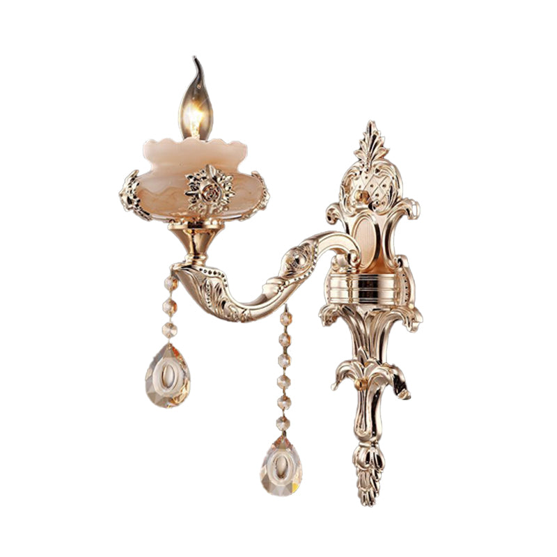 Skørter | 1/2-Head K9 Crystal Wall Light Traditional Gold Candle Corridor Wall Lighting with Jade Dish