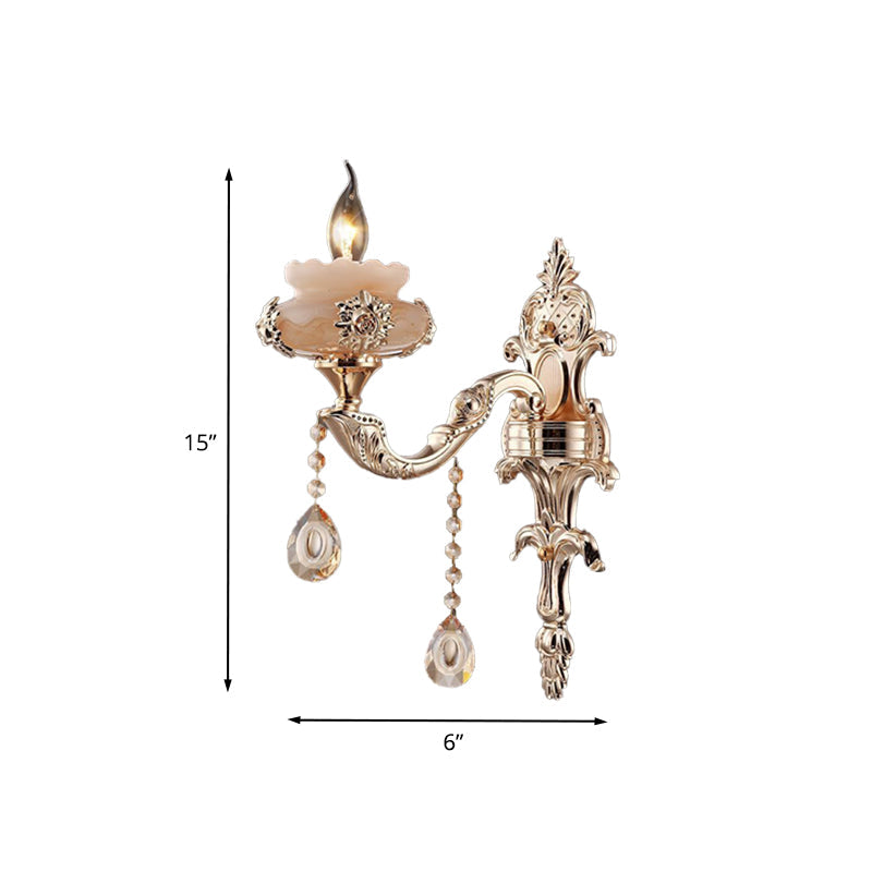 Skørter | 1/2-Head K9 Crystal Wall Light Traditional Gold Candle Corridor Wall Lighting with Jade Dish