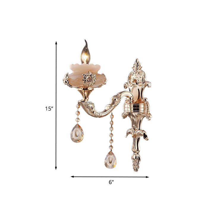 Skørter | 1/2-Head K9 Crystal Wall Light Traditional Gold Candle Corridor Wall Lighting with Jade Dish