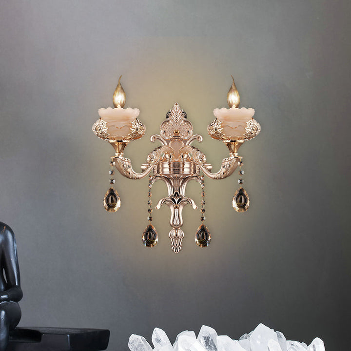 Skørter | 1/2-Head K9 Crystal Wall Light Traditional Gold Candle Corridor Wall Lighting with Jade Dish