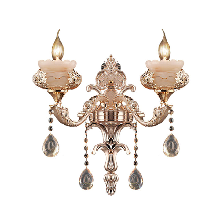 Skørter | 1/2-Head K9 Crystal Wall Light Traditional Gold Candle Corridor Wall Lighting with Jade Dish