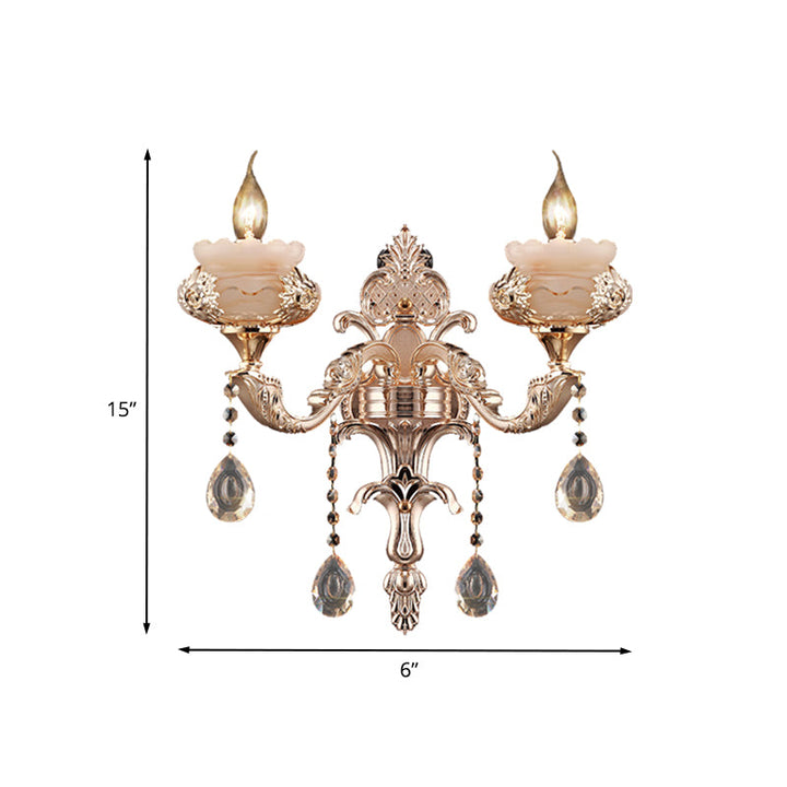 Skørter | 1/2-Head K9 Crystal Wall Light Traditional Gold Candle Corridor Wall Lighting with Jade Dish