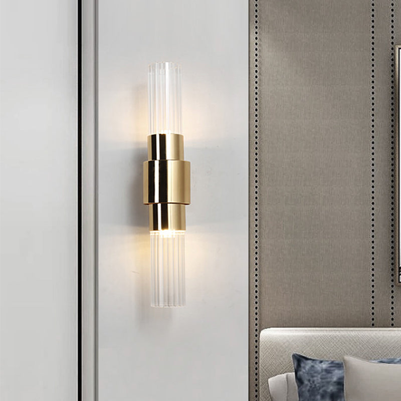 Lisslune | Gold Tubular Wall Light Sconce Post Modern 2 Heads Clear Glass Wall Mounted Lamp for Bathroom