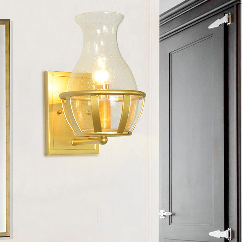 Lisslune | Vase Clear Glass Wall Light Postmodern 1 Light Gold Wall Mounted Lamp with Basket Base