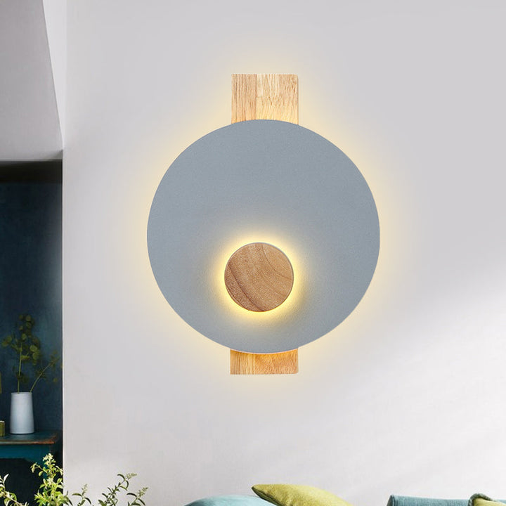 Lisslune | Black/Gray/White Disc Wall Light Minimalist LED Metal Wall Lamp with Wooden Back for the Bedroom