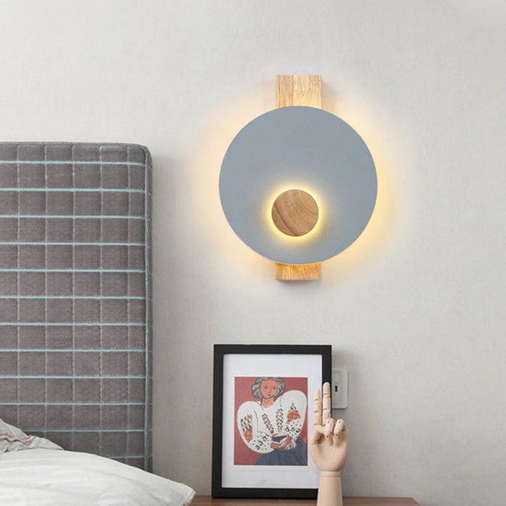 Lisslune | Black/Gray/White Disc Wall Light Minimalist LED Metal Wall Lamp with Wooden Back for the Bedroom