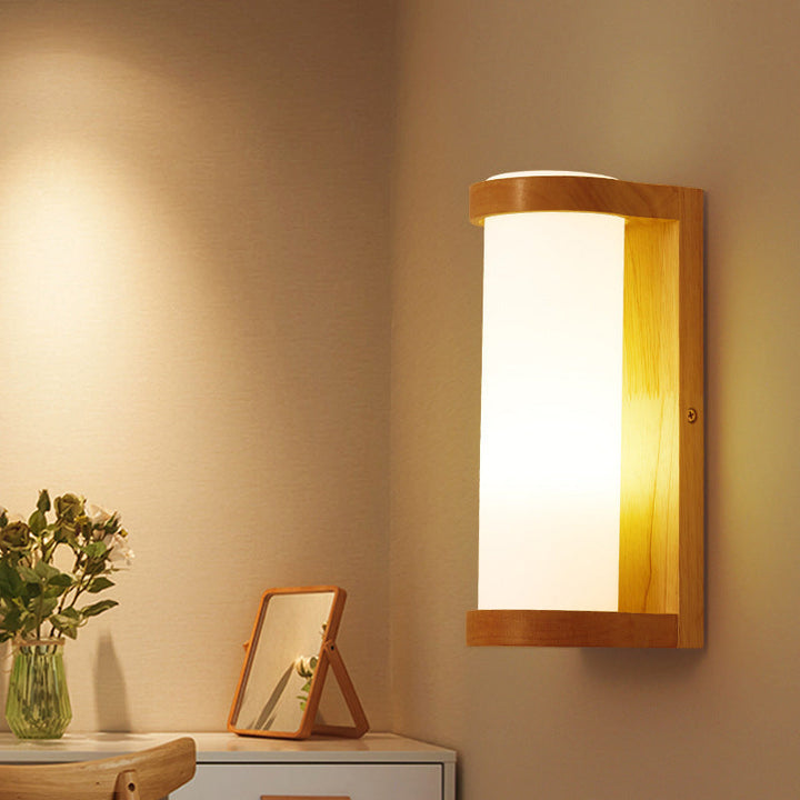 Lisslune | Simple rectangular wall lamp wood 1 head corner wall embedded lamp with tubular opal glass shade