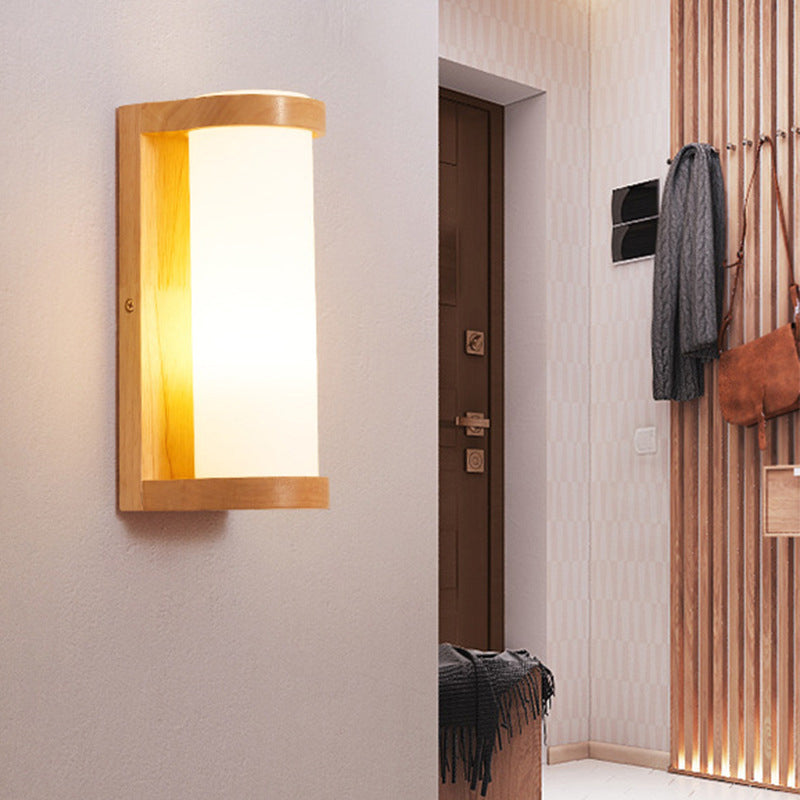 Lisslune | Simple rectangular wall lamp wood 1 head corner wall embedded lamp with tubular opal glass shade
