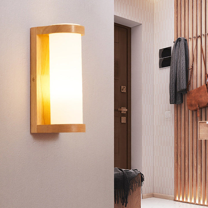 Lisslune | Simple rectangular wall lamp wood 1 head corner wall embedded lamp with tubular opal glass shade