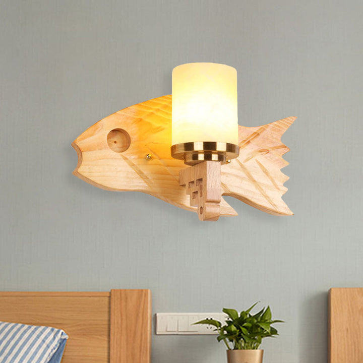 Lisslune | Cylinder Wall Mount Light Modernist Broken Glass 1 Light Bedroom Wall Lamp with Fish Wooden Back Plate