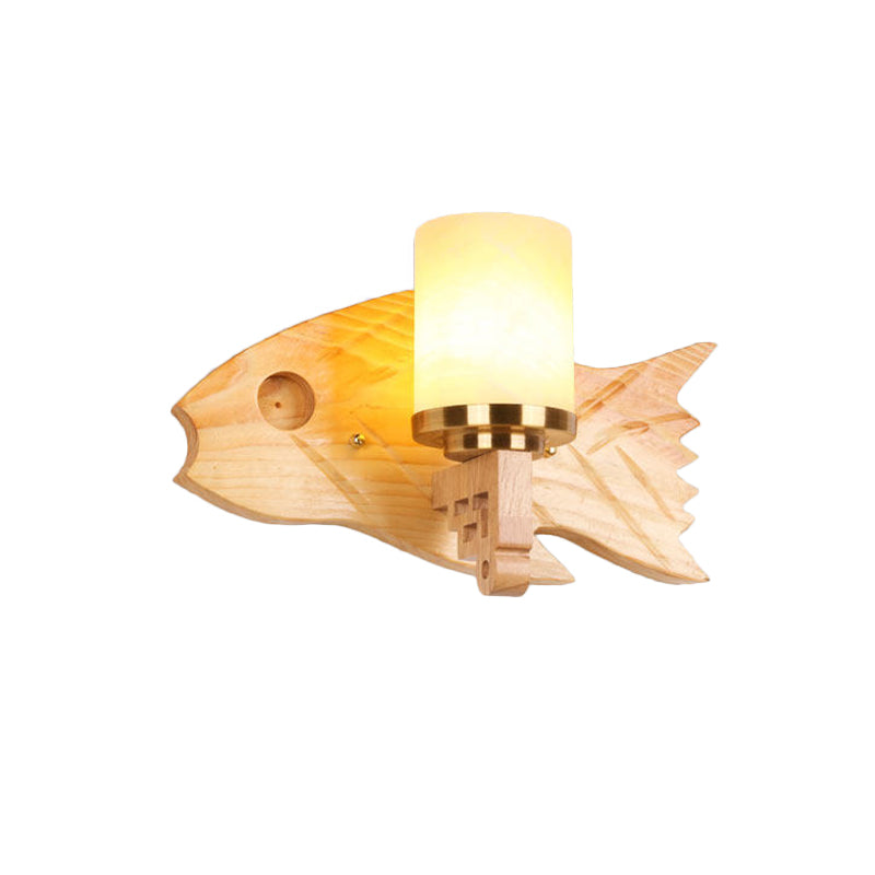 Lisslune | Cylinder Wall Mount Light Modernist Broken Glass 1 Light Bedroom Wall Lamp with Fish Wooden Back Plate